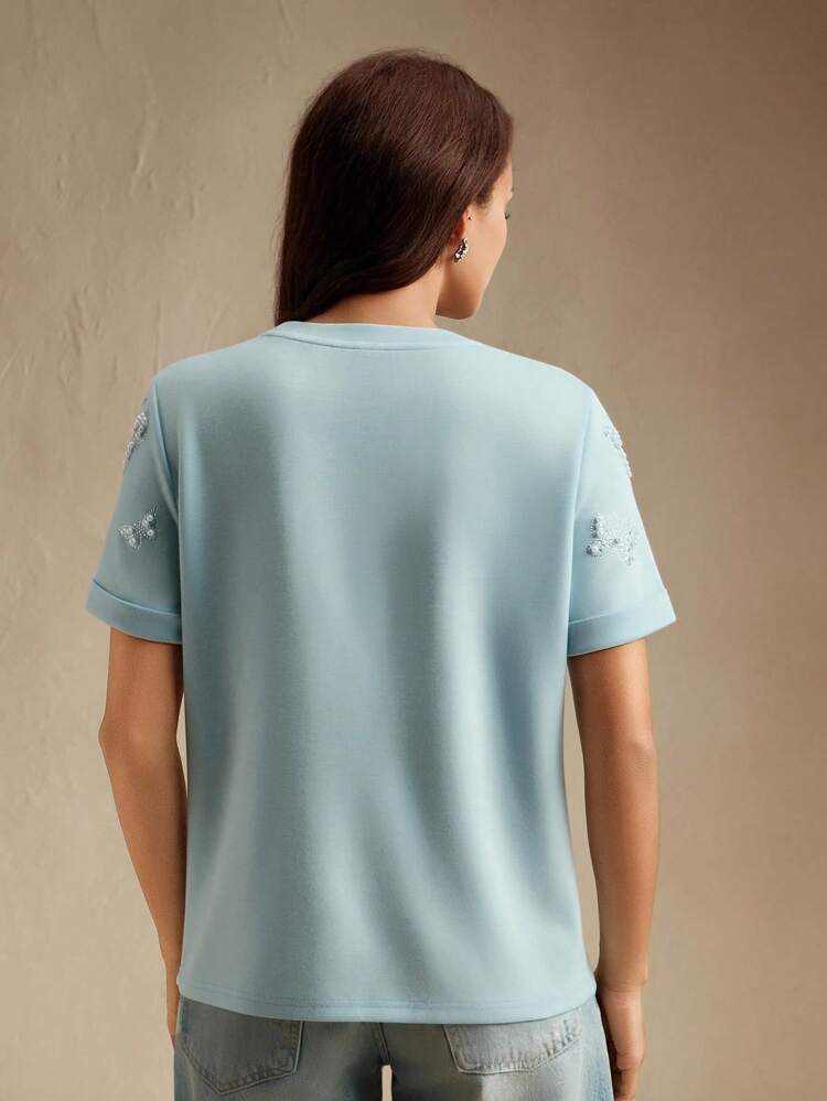 Ladies' Spring/Summer Heavy Crafted Bubble Bead And Hot Diamond Blue Short Sleeved T-Shirt