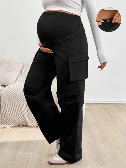SHEIN Fall Clothes Maternity Solid Flap Pocket Cargo Black Pants  Going Out Outfits