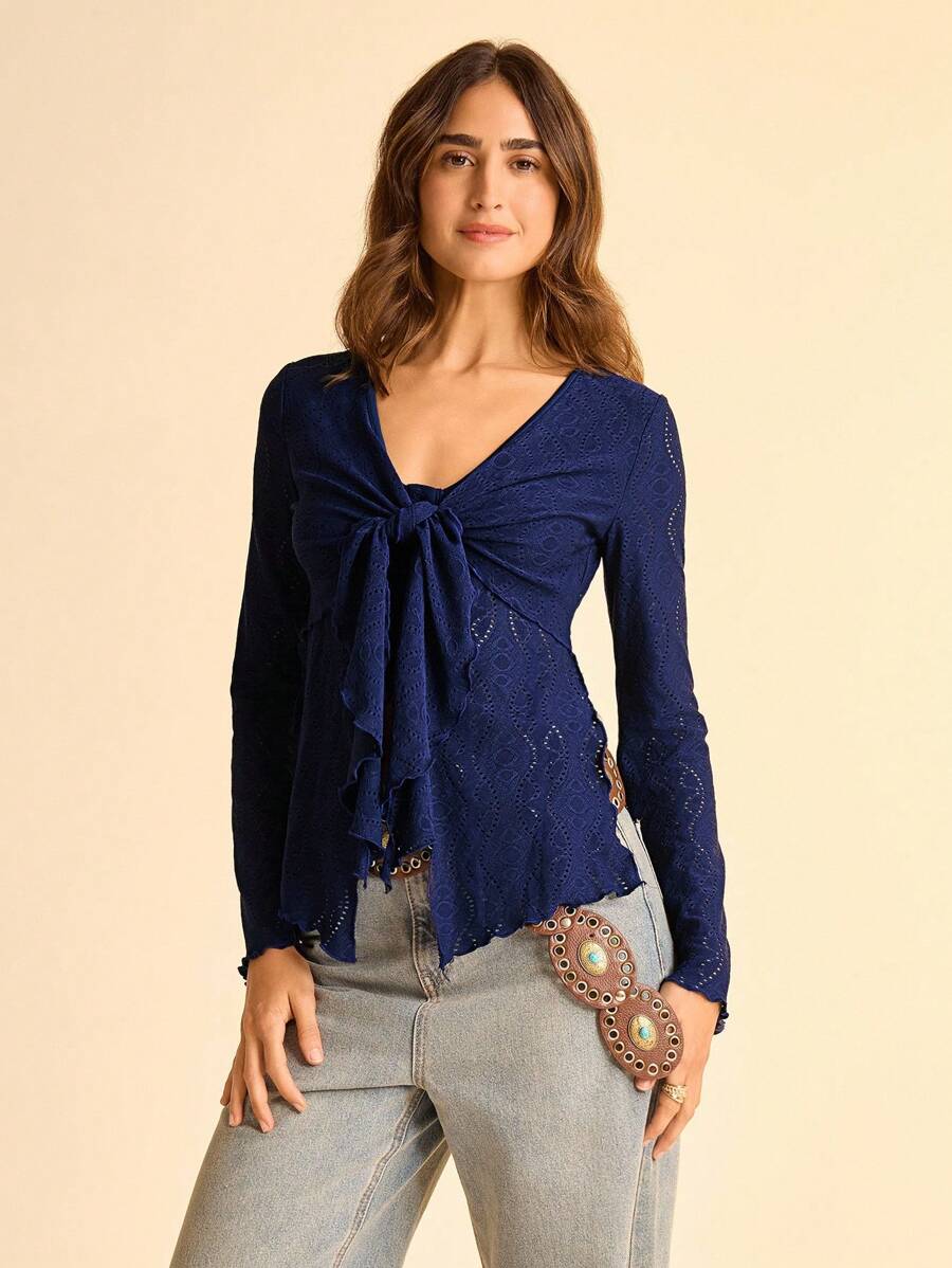 CAJUNI V-Neck Tie Waist Flare Sleeve Textured Fabric Long Sleeve Casual Top Casual Blouse For Women Fall Clothes For Women  Fall Outfits For Women