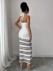 Elenzga Women's Elegant Vacation Contrast Color Long Figure-Hugging Pearl Decorated Knit Dress - White - View 2