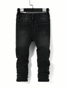 SHEIN Young Boy 1pc Black Comfortable And Refreshing Dark Wash Design Elasticity Denim Skinny Pants For Dailywear And Back To School Clothes - Black - View 2