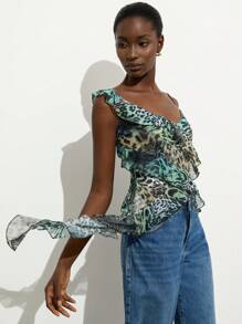 Aveloria Modichic Tropical Fantasty Green Leopard Ruffle Trim Asymmetric Spaghetti Strap V-Neck Sleeveless Blouse, Multi-Layer Drape Ruffle, Music Festival Party Fierce Sexy Cami Tops For Ladies