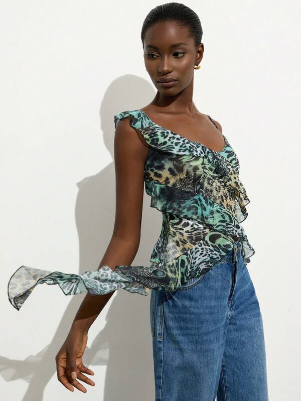Aveloria Modichic Blouse sans manches à encolure V avec bretelles spaghetti, ourlet à volants asymétrique motif léopard vert fantasque tropical. Multi-couches de drapés à volants, top débardeur sexy et audacieux pour fête de festival de musique pour femmes