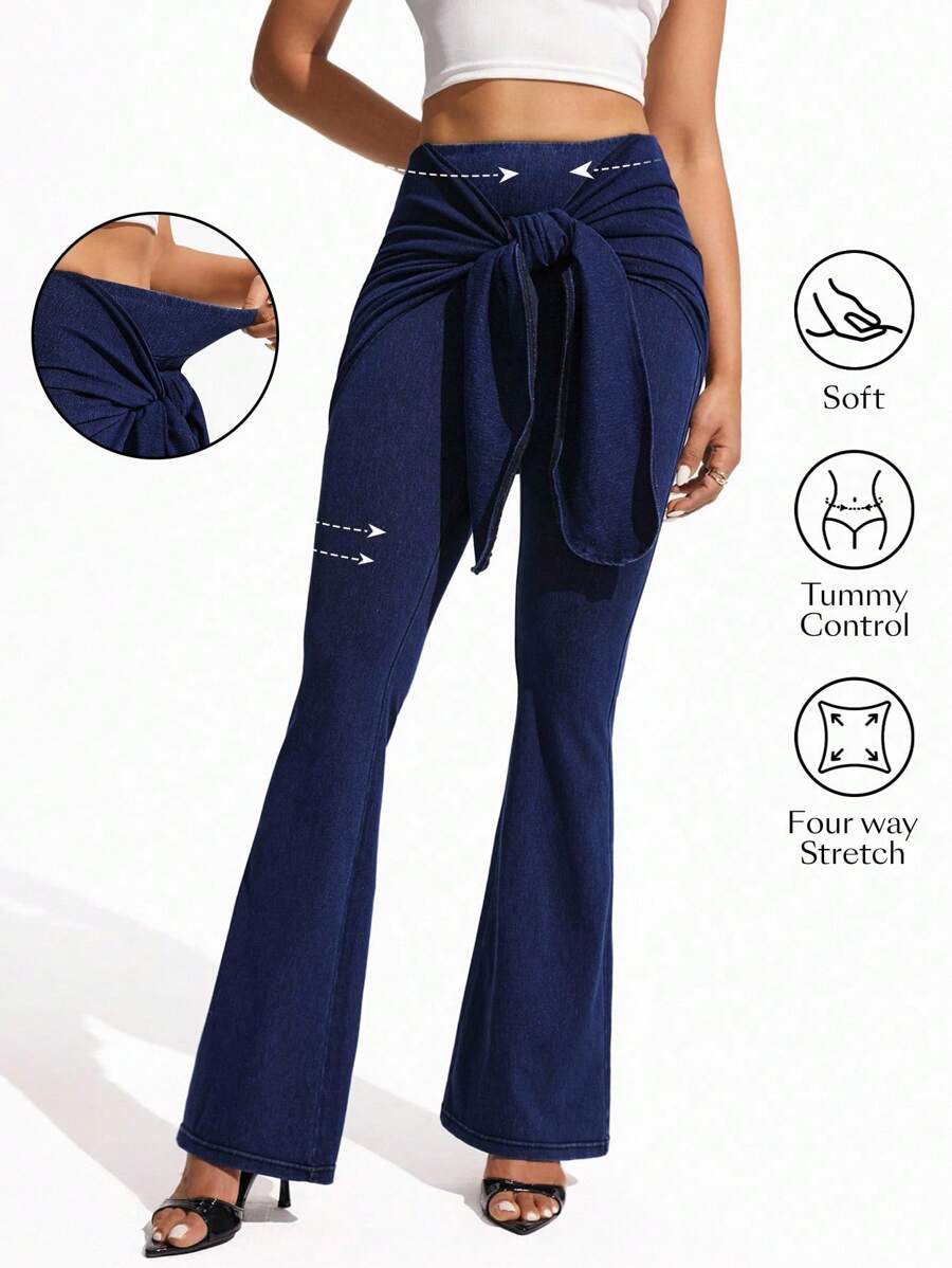 SHEIN Essnce Women's Slim Fit Elastic High Waist Flared 2 In 1 All Season Denim Pants - Blue - View 1