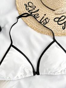 SHEIN Teen Girls Spring& Summer Girls Swimsuit Knitted Black & Apricot Bow Contrast Suspender Bikini Two Pieces Swimsuit Set Vacation Style Holiday Black&White Beach Clothes - Black and White - View 7