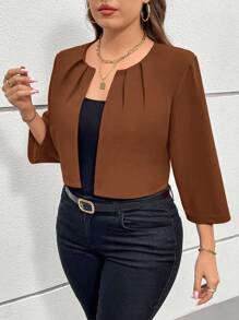 SHEIN Essnce Trang phục khoét lỗ mùa thu cỡ lớn dành cho nữ Lễ Tạ ơn dành cho phụ nữ công sở thường ngày dành cho phụ nữ mùa thu dành cho phụ nữ mùa thu và mùa đông Phong cách mới thời trang và thanh lịch khi đi làm văn phòng màu trơn màu đỏ áo khoác ngắn tay 7/4 áo khoác Blazer nữ - màu nâu - Xem 4
