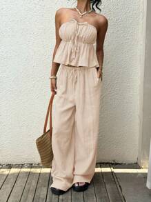 SHEIN EZwear 女式夏季杏色亚麻编织褶皱吊带背心上衣和裤子休闲套装 - 杏色 - 查看 4