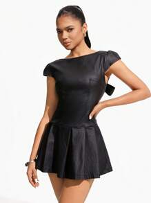 INAWLY Women's Black Bow Design Coated Elastic Bodycon Round Neck Sexy Backless Dress - Black - View 4