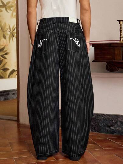 SWAVVY Men's Fashionable Casual Loose Fit Stripe Embroidered Long Pants , Fall