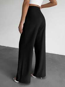 EURMUSE Calça feminina larga plissada de cintura alta - Preto - Ver 2