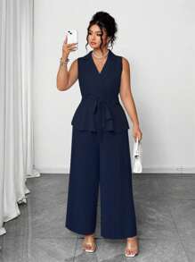 Elenzga Plus Size Women Solid Color V-Neck Blazer And Pants Set, Elegant 2 Pieces Outfit For Spring And Summer - Navy Blue - View 6