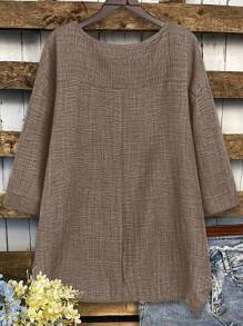 EMERY ROSE Plus Size Casual Simple Solid Color Round Neck 3/4 Sleeve Shirt - Coffee Brown - View 2