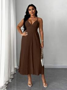 SHEIN Unity 大码优雅细肩带荷叶边露肩蝴蝶结连衣裙 - 咖啡棕 - 查看 7