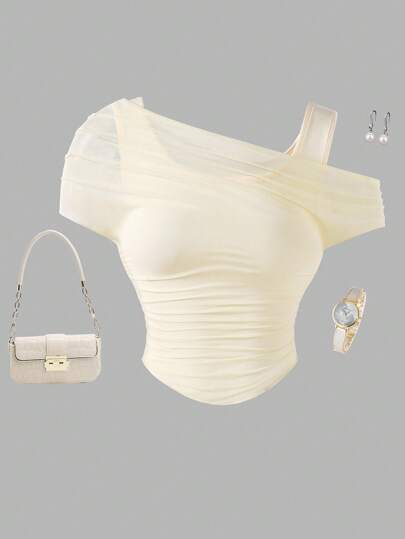 Camisetas ajustadas con cuello asimétrico y plisado de unicolor para adolescentes, de verano