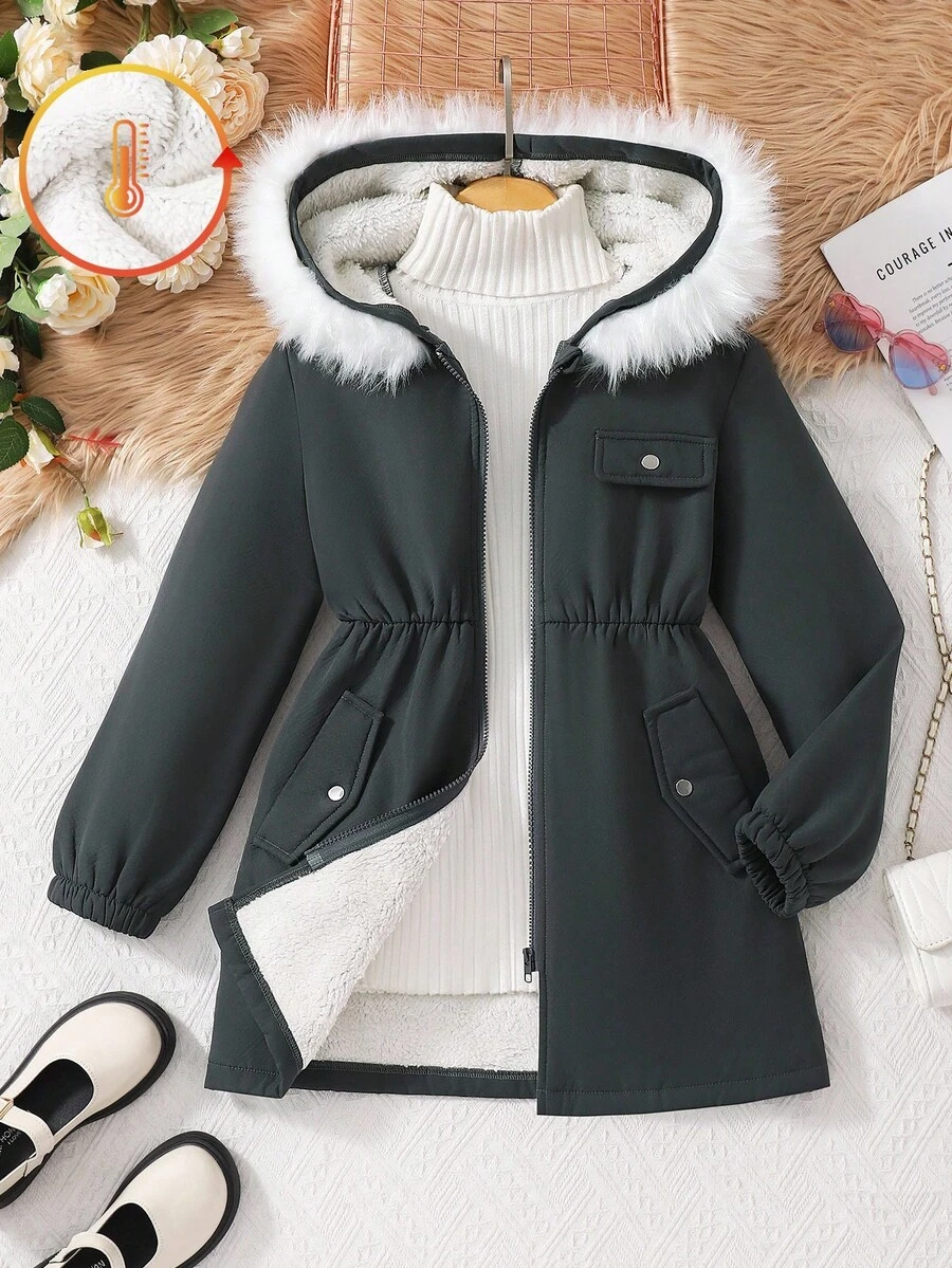 SHEIN 冬季女童休闲羊毛连帽夹克，带毛领 - 深灰色 - 查看 1