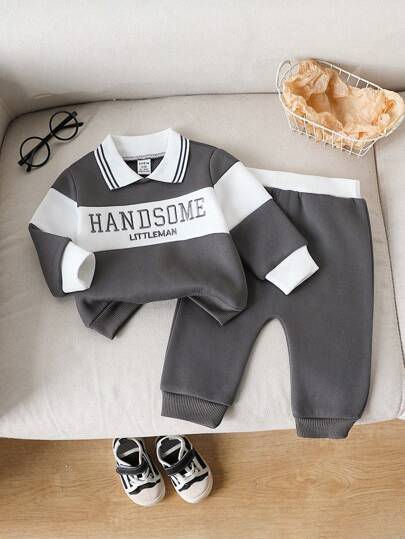 SHEIN Baby Boys Casual Color Block Letter Embroidered Polo Collar Sweatshirt And Sweatpants Set, Cute & Fashionable, Suitable For Outings, Photos, Parties In Autumn/Winter