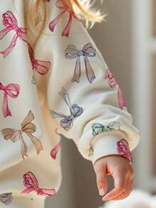 SHEIN 2 件套年轻女孩休闲可爱蝴蝶结印花圆领长袖运动衫和粉色紧身裤套装，适合秋冬季 - 彩色 - 查看 4