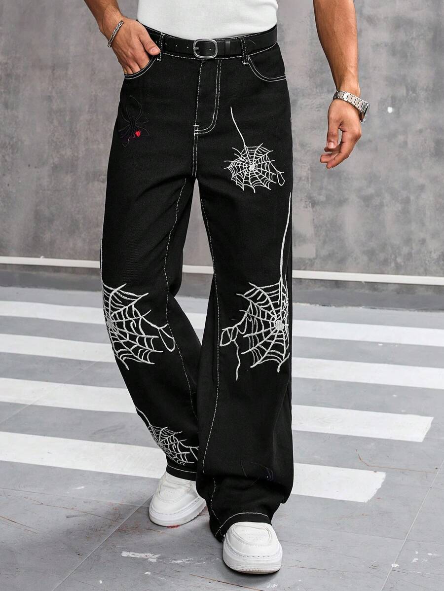 Manfinity EMRG Men's Pocket Spider Web Print Wide Leg Casual Jeans - Black - View 1