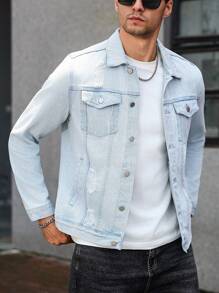 Manfinity Homme Men's Casual Daily Street Fashion Button Front Denim Jacket Light Blue Jean Jacket , Fall - Light Wash - View 6