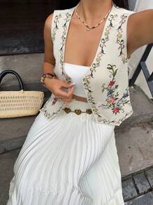 SHEIN Unity White V-Neck Single-Breasted Embroidered Vest - Apricot - View 6