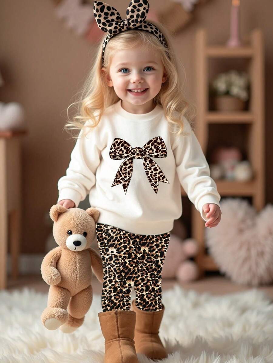 SHEIN Cream White Cute Vintage Leopard Bow Design Baby Girl Casual Knitted Soft Thick Crew Neck Long Sleeve Sweatshirt And Leggings Set, Autumn/Winter Baby Girl Leopard Print Clothes Leopard Print Baby Girl Outfit Baby Girl Clothes With Bow Toddler Girl Leopard Leggings Infant Girl Animal Print Outfit Fall