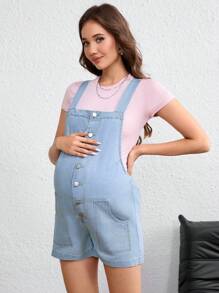 SHEIN Maternity Casual Denim Romper For Summer - Light Wash - View 6