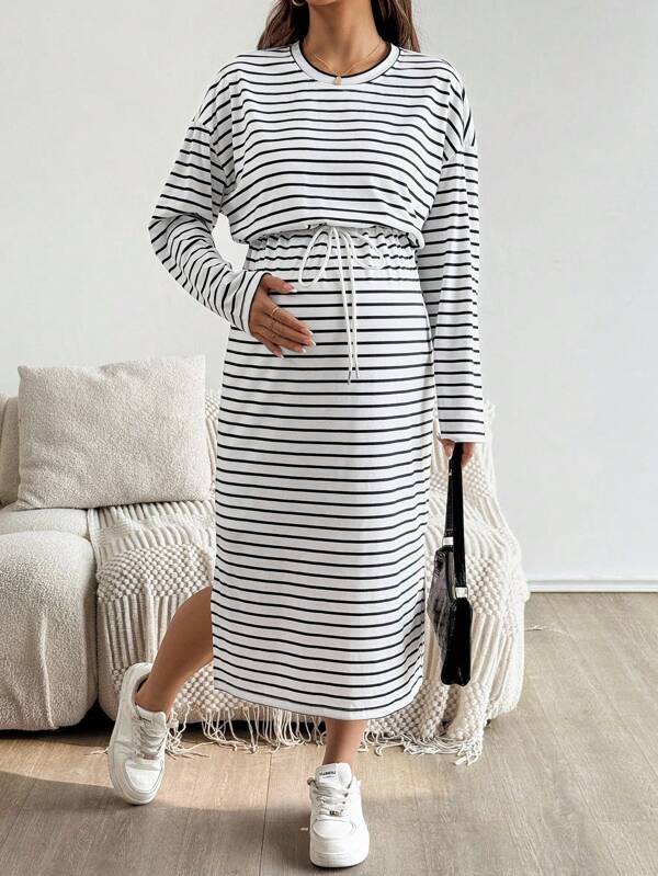 SHEIN Fall Women Clothes Maternity Casual Striped Drawstring Waist Dress