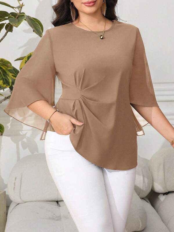 SHEIN Clasi Women's Plus Size Plain Crew Neck Casual Office Blouse,Teacher Outfits For Women