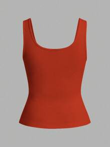 Slaydiva 休闲百搭白色吊带背心，深U领和露背设计 - 焦橙色女式罗纹背心