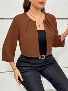 SHEIN Essnce Trang phục khoét lỗ mùa thu cỡ lớn dành cho nữ Lễ Tạ ơn dành cho phụ nữ công sở thường ngày dành cho phụ nữ mùa thu dành cho phụ nữ mùa thu và mùa đông Phong cách mới thời trang và thanh lịch khi đi làm văn phòng màu trơn màu đỏ áo khoác ngắn tay 7/4 áo khoác Blazer nữ - màu nâu - Xem 3