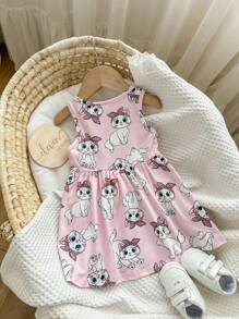 Baby Girls' Casual Knitted Sleeveless Cat Print Empire Waist Dress - Pink - View 2