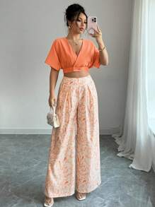 Calvaya 2pcs/Set Women Summer V-Neck Short Sleeve Button Blouse & High Waist Wide Leg Pants