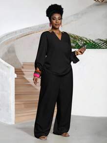 Slaydiva 两件套加大码女式休闲西式服装纯色露肩长袖上衣和裤子套装黑色裤装女式黑色两件套女式衬衫和裤子套装加大码裤装加大码两件套 - 黑色 - 查看 7