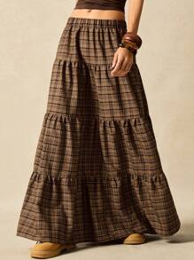 Easelle 棕色复古格子编织多层拼布休闲女式半身裙秋夏乡村音乐会格子裙