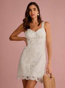 Enchnt 夏/秋浪漫女士白色花朵镂空刺绣蕾丝甜心颈带可爱迷你连衣裙 - 白色 - 查看 1