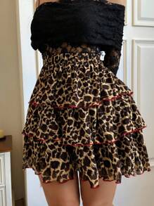 Cravure Plus Size Women's New Layered Ruffle Hem Loose Leopard Print Mini Skirt