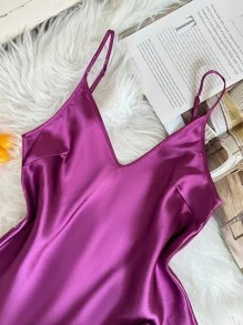 SHEIN 2 件女士性感深 V 吊带背心和短裤睡衣套装，优雅缎面，适合所有季节 - 紫色 - 查看 5