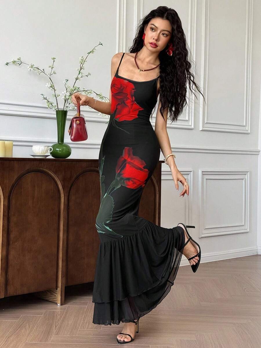 EastFlair 花卉印花修身优雅女士细肩带连衣裙 - 黑色 - 查看 1