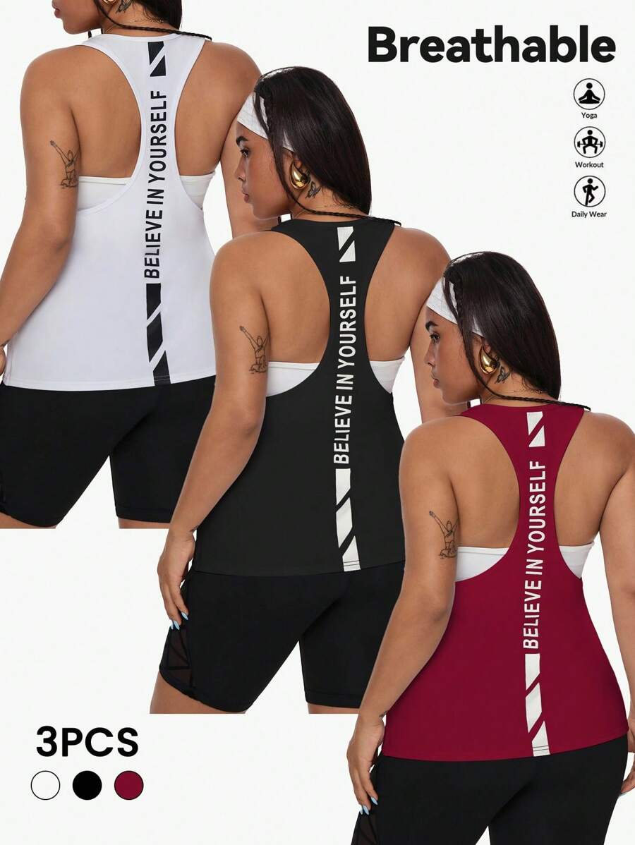 Easithlete 3 件套加大码女式无袖运动背心,图案印花,适合春夏季 - 彩色 - 查看 1