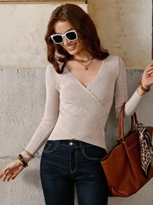 Solivie Suéter cruzado de punto acanalado, tops de manga larga para otoño/invierno