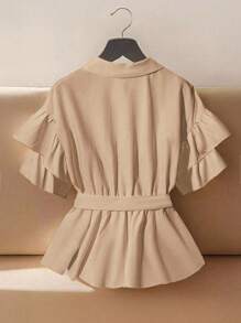 SHEIN Clasi 女式夏季时尚条纹拼布荷叶边衬衫 - 卡其色 - 查看 2