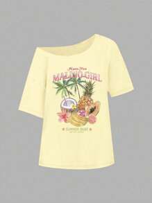 INAWLY Women's Fruit & Coconut Pattern Loose Shoulder T-Shirt, Cream Color Asymmetrical Neck Top For Beach & Vacation