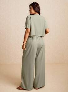 Elaquor 大码女式夏季纯色短袖系带衬衫和裤子两件套休闲装