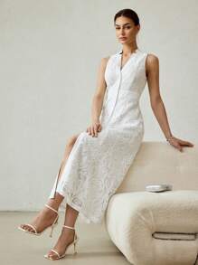 MOTF PREMIUM GUIPURE LACE OVERLAY V-NECK FLOWY HEM MIDI DRESS - White - View 6