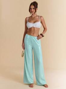 SHEIN BAE Spring & Summer Solid Mint Green Low Waist Beach Sequin Loose Pants, Long Length