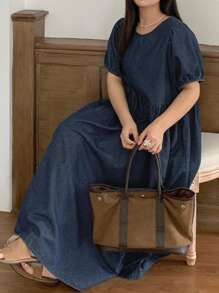 Dazy Plus 深水洗蓝色圆领泡泡短袖休闲连衣裙，夏季 - 深色水洗藍 - 查看 3