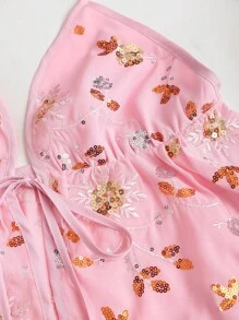SHEIN Unity 女式新款串珠刺绣露背系带蝴蝶结装饰可调节肩带性感短款上衣，适合海滩度假，春夏季 - 粉色 - 查看 5