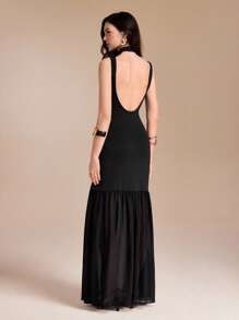 VERO DIAZ Black Backless Sexy Fitted Chiffon Ruffles Women Maxi Dress - Black - View 2