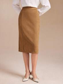 Spring Affair 绒面革纯色及膝修身半身裙 - 棕色 - 查看 3