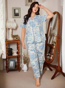 CottageSlumber 中国山水印花翻领家居服套装，加大码夏季睡衣套装，服装 - 淺藍色 - 查看 3